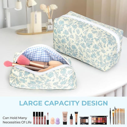 Quilted Makeup Bag Set,Large Floral Cosmetic Pouch For Women,Cute Cotton Brushes Storage Travel Toiletry Organizer Bags(Blue Plum Blossom)