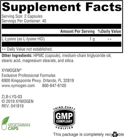 XYMOGEN L-Lysine 1000mg Capsules - Amino Acid Supplement to Support Synthesis of Collagen, Provides Balance to a High Intake of Arginine (90 Capsules)