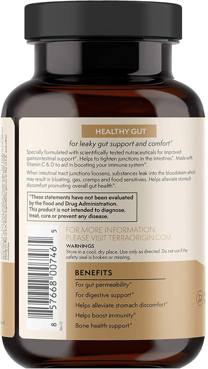 TERRA ORIGIN Healthy Gut Capsules with Immunity Boost | 90 Capsules | Digestive Support Including intestinal Permeability, IBS, Bloating, Gas and Constipation* 30 Servings/90 Capsules.