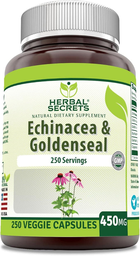 Herbal Secrets Echinacea & Goldenseal Root Supplement | 450 Mg Per Serving | 250 Veggie Capsules | Non-GMO | Gluten-Free | Made in USA (250 Veggie Capsules)