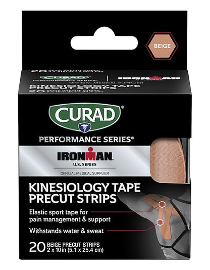 CURAD Performance Series IRONMAN Kinesiology Tape, Pain Management Technology, Sweat & Water-Resistant Athletic Tape, Compression Support for Joints & Muscles, Beige, 2 x 10 inches, 1 Roll (20 Strips)