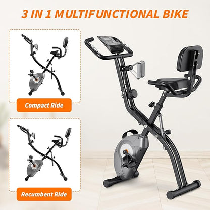 ATIVAFIT Exercise Bike Foldable Fitness Indoor Cycling Bike Magnetic 3 in 1 Upright Recumbent Exercise Bike with Resistance Bands for Home Workout