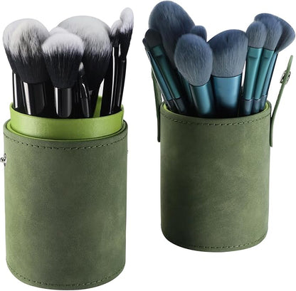 Portable Makeup Brush Case,Pu Leather Makeup Brush Holder with Button,Travel Cup Storage Dustproof Makeup Cosmetic Bags for Women (Grass green)