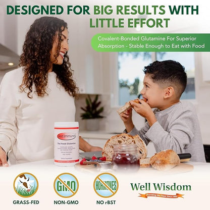 Glut Immune The Finest Glutamine Powder Dairy-Free 300g Well Wisdom - Naturally Superior Covalent Bonded Glutamine Supplement for Gut Health, Immune Focus & Recovery with 60 Servings