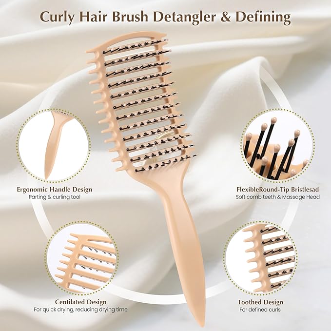 Curl Defining Brush, Vented Curly Hair Brush for Effortlessly Detangling Shaping and Defining Women's Men's Curls on All Wet or Dry Hair Types, Reduces Frizz (Beige)