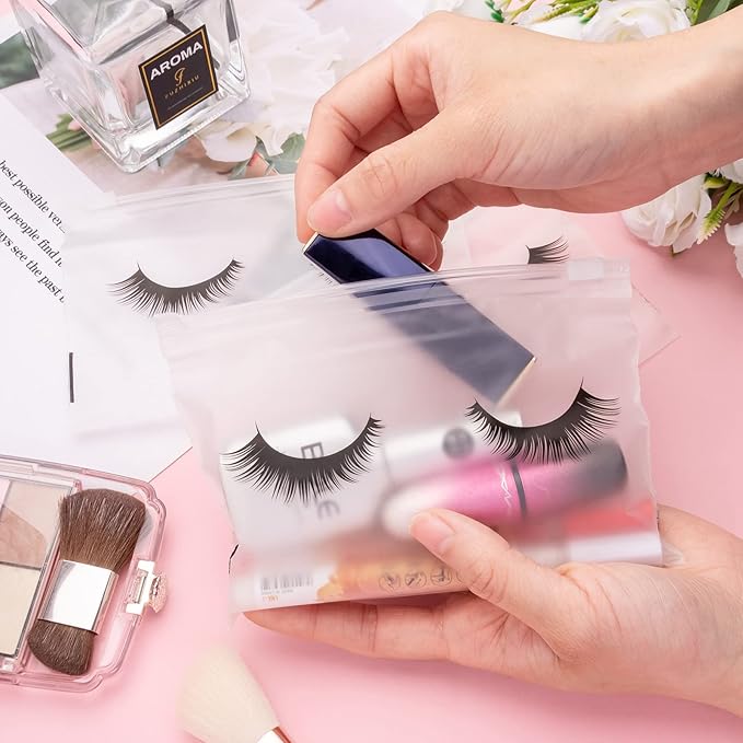 Noverlife 100PCS Eyelash Makeup Bags - Waterproof Plastic Makeup Bags with Zipper, Toiletry Pouch Cosmetic Bags for Clients
