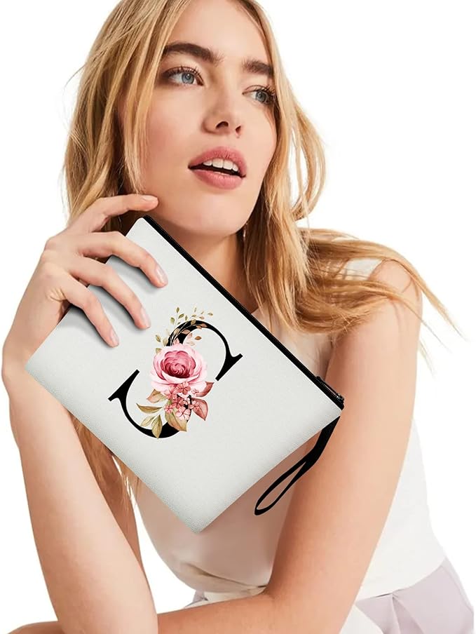 Vavabox A-Z Personalized Makeup Bag, Birthday Gifts for Women Mom, Gifts for Best Friend, Bride Bridesmaid Cosmetic bag (S, White)