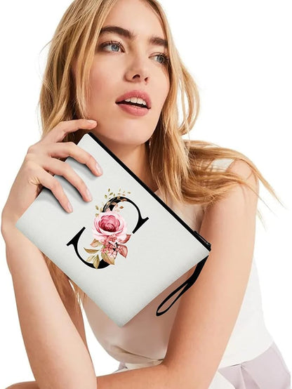 Vavabox A-Z Personalized Makeup Bag, Birthday Gifts for Women Mom, Gifts for Best Friend, Bride Bridesmaid Cosmetic bag (S, White)