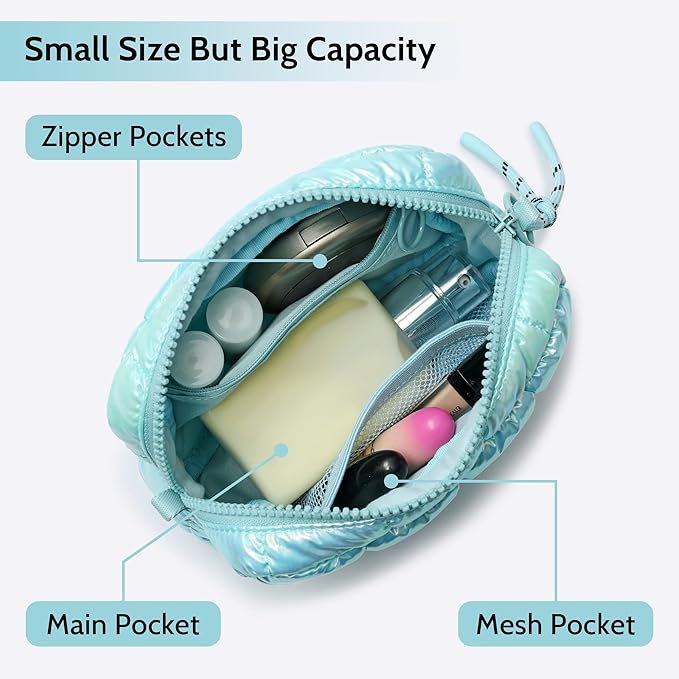 Quilted Cosmetic Bag, Puffer Makeup Bags, Crossbody Purses for women,Cute Travel Toiletry Bag for Women (Dazzling Ice Blue)