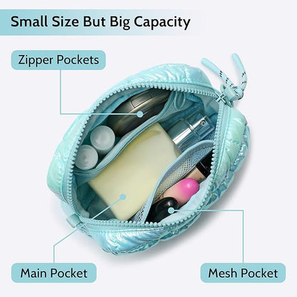 Quilted Cosmetic Bag, Puffer Makeup Bags, Crossbody Purses for women,Cute Travel Toiletry Bag for Women (Dazzling Ice Blue)
