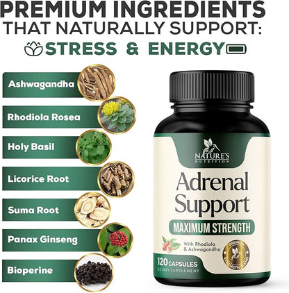 Adrenal Support Supplements - Ashwagandha & 10 Adaptogenic Herbs including Rhodiola Rosea, Holy Basil – Adrenal Supplement Support for Balanced Energy, Adrenal Fatigue, Calm, Relaxation – 120 Capsules