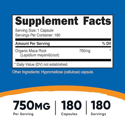 Nutricost Maca Root (Lepidium meyenii) 750mg, 180 Capsules, 180 Servings