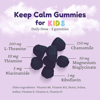 Dr. Klein's Keep Calm Kids Gummies L-Theanine & Chamomile Extract - Supports Focus, Attention, & Alertness of Kids Ages 5+ - Calming Chews Vitamins & Minerals for Kids - Black Currant Sugar-Free 60ct