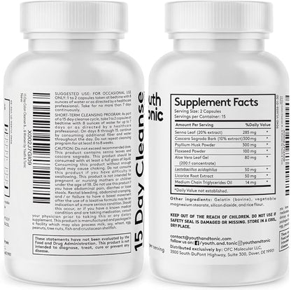 Youth & Tonic 15 Day Cleanse: Gut Health and Colon Detox to Break The Plateau, Helps with Belly Bloat, Regularity, and for Feeling Lighter and More Energized for Men & Women, Made in USA, 30 Pills