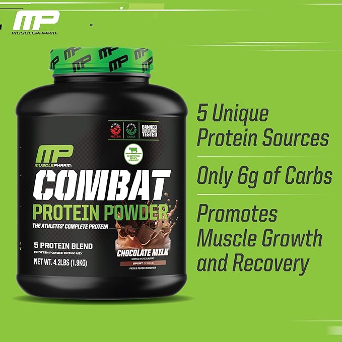 MusclePharm Combat Protein Powder, Chocolate Milk Flavor, Fuels Muscles for Productive Workouts, 5 Protein Sources Including Whey Protein Isolate & Egg Albumin, Gluten Free, 4.2 lb, 52 Servings