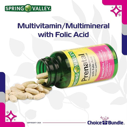 Spring Valley Prenatal Multivitamin Multimineral for Pregnant & Nursing Women Dietary Supplement Tablets 100 Ct 3 pk Choice Bundle (300 Total) + Vitamin Guide & Pill Container (5 Items)!