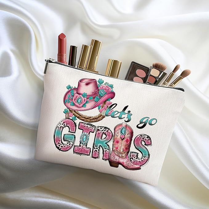 2pcs Western Makeup Bag, Let's Go Girls Cowgirl Hat Boots Cosmetic Bag Cowgirl Gifts for Women Female Girls Sister BFF, Cowboy Boots Gifts Christmas Birthday Gift, Western Stuff Travel Toiletry Bags