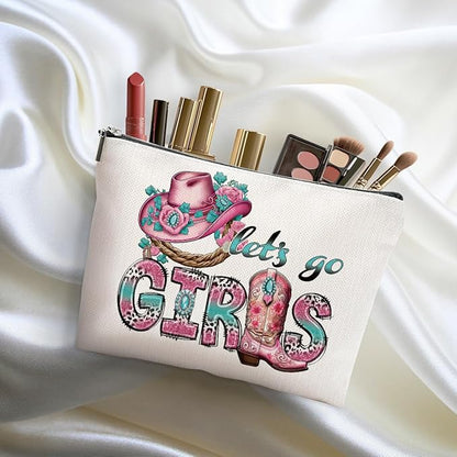 2pcs Western Makeup Bag, Let's Go Girls Cowgirl Hat Boots Cosmetic Bag Cowgirl Gifts for Women Female Girls Sister BFF, Cowboy Boots Gifts Christmas Birthday Gift, Western Stuff Travel Toiletry Bags