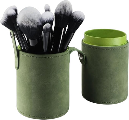 Portable Makeup Brush Case,Pu Leather Makeup Brush Holder with Button,Travel Cup Storage Dustproof Makeup Cosmetic Bags for Women (Grass green)