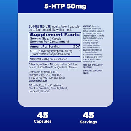 Natrol Mood & Stress 5-HTP 50mg, Dietary Supplement Helps Support a Balanced Mood, 45 Capsules, 11-45 Day Supply