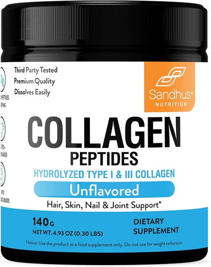 Sandhu's Collagen Peptides Powder|4.9 oz Unflavored| Grass-Fed Hydrolyzed Bovine Collagen |Made in USA| Supports Youthful Skin, Hair, Nails, Mobility, Flexibility, Joint & Bone Health
