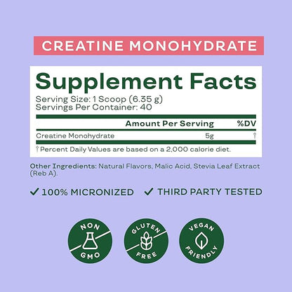 Bloom Nutrition Creatine Monohydrate Powder, 5g Micronized Creatine per Serving, Supports Muscle Recovery, Strength, Endurance, Pre or Post Workout, Gluten Free, Non GMO, Raspberry Lemon, 40 SVG, 9 oz