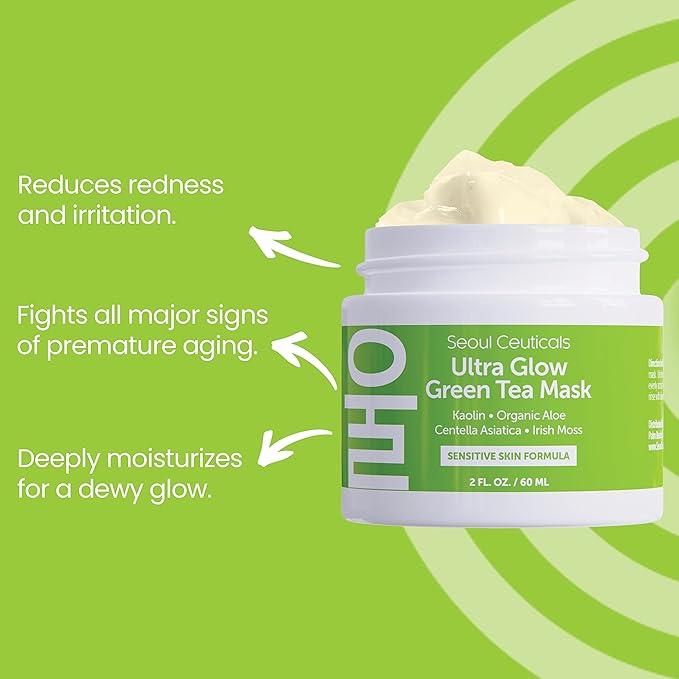 SeoulCeuticals Korean Skin Care Set - Korean Green Tea Face Mask + Korean Snail Cream Moisturizer - Potent Korean Skincare Set Eliminates Dull Dry Skin for Healthy K Beauty Glow
