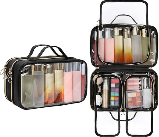 OCHEAL Travel Toiletry Bag, Double Layer Clear Makeup Bag Organizer Large Capacity Cosmetic Bag for Traveling Women Beauty Essentials, Multiple Compartments Makeup Case- Black