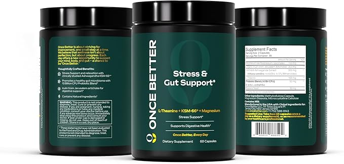 Once Better™️ Stress & Gut Support Supplement – Ashwagandha KSM-66®, L-Theanine, Magnesium Glycinate, Probiotics & Inulin for Digestive Health & Stress Relief – 60 Capsules - Men & Women