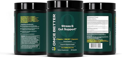Once Better™️ Stress & Gut Support Supplement – Ashwagandha KSM-66®, L-Theanine, Magnesium Glycinate, Probiotics & Inulin for Digestive Health & Stress Relief – 60 Capsules - Men & Women