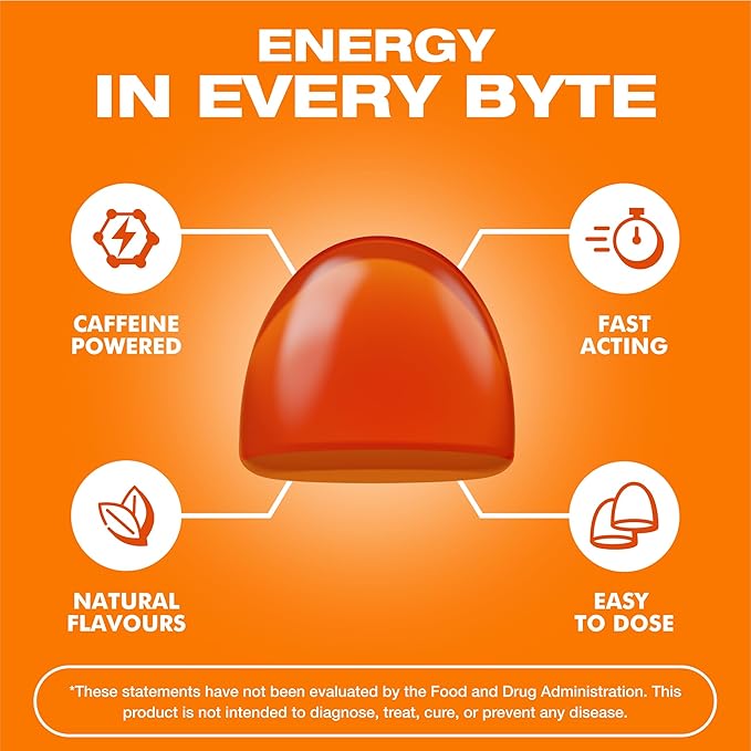 Energy Bytes Caffeine Gummies | Instant Energy Chews for Running, Cycling and Sports Performance | Vegan, Low Sugar | Orange Crush (12-Pack)