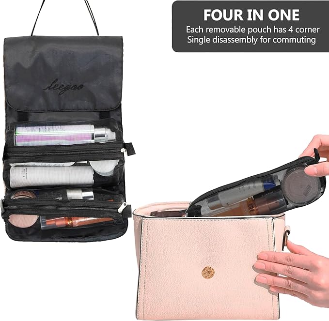 Roll Up Makeup Bag, Hanging Toiletry Bag, 4 in 1 Detachable Cosmetic Bag, 4 Removable Storage Bags, Travel Makeup Organizer Bags for Women Men(Black)