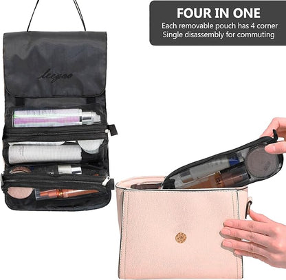 Roll Up Makeup Bag, Hanging Toiletry Bag, 4 in 1 Detachable Cosmetic Bag, 4 Removable Storage Bags, Travel Makeup Organizer Bags for Women Men(Black)