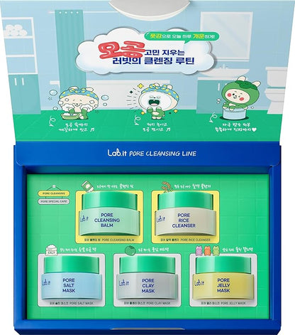 Lab.it Pore Cleansing Travel Kit (5EA)– Korean Skincare Discovery Set for Teens with Cleansing Balm, Rice Cleanser, Clay Mask, Salt & Jelly Mask, Travel-Size Face Mask Kit for Sensitive Skin, Gift Set