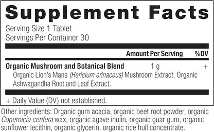 Ancient Nutrition Organic Lion's Mane Mushroom Supplement with Ashwagandha, Organic Lion's Mane Supports Healthy Energy and Concentration, Reduces Fatigue, Gluten Free and Keto Friendly, 30 Tablets