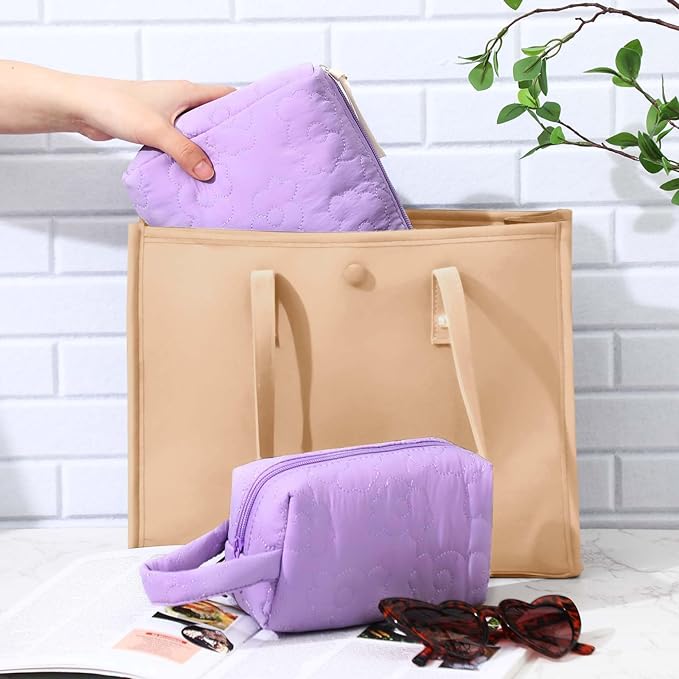 Paterr 3 Pieces Cotton Quilted Makeup Bag Set Coquette Cosmetic Bag Aesthetic Travel Toiletry pouch Cute Pouch Kawaii Aesthetic for Women(Purple,Purple Flower)