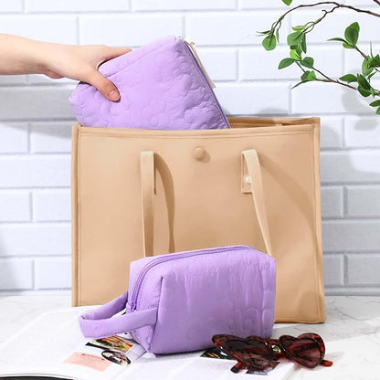 Paterr 3 Pieces Cotton Quilted Makeup Bag Set Coquette Cosmetic Bag Aesthetic Travel Toiletry pouch Cute Pouch Kawaii Aesthetic for Women(Purple,Purple Flower)