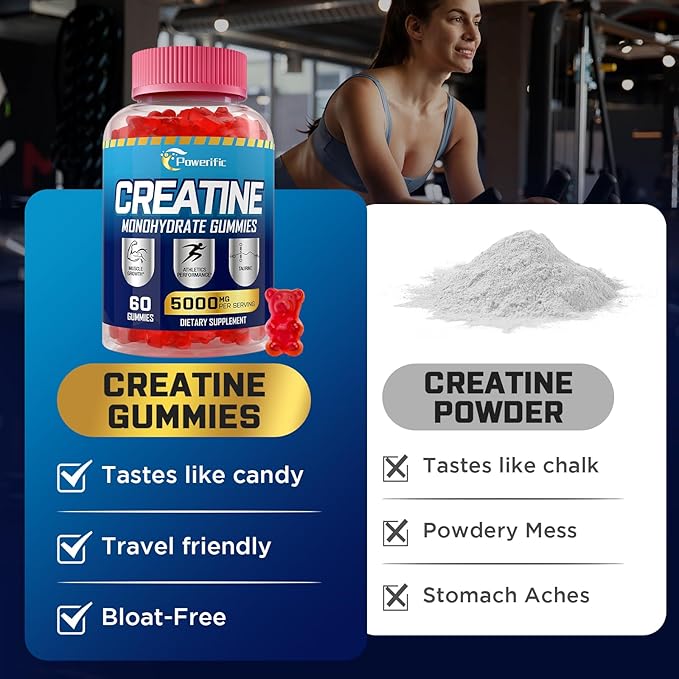 Creatine Monohydrate Gummies for Men & Women, Creatine Pre Workout Gummies with Taurine&B6, Chewable Creatine Monohydrate Gummies 5g, Increase Strength, Energy, Endurance, Muscle, Vegan, Organic