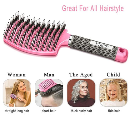 KTKUDY Detangling Brush Boar Bristles Hairbrush Make Hair Shiny & Healthier Curved and Vented Detangler Brush for Women Men Kids Wet & Dry Hair (Pink)