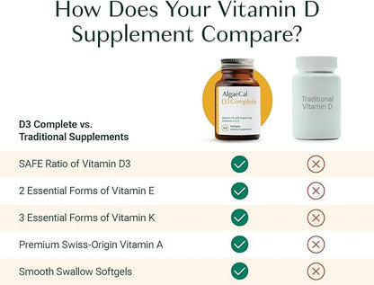 ALGAECAL D3 Complete - Vitamin D Complex - D3 K2 Vitamin 1000iu, ADEK Vitamins Bariatric, Best Vitamin D Supplement. 60 Easy-Swallow Softgels, 3 Month Supply