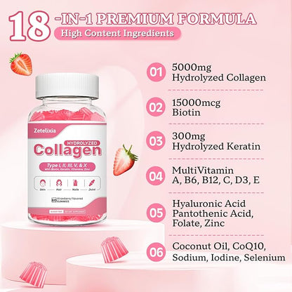 2 Pack Sugar Free Collagen Gummies for Women Men, 5000mg Hydrolyzed Collagen Peptide I,II,III,V,X with 15000mcg Biotin, Keratin, Vitamin C A B D E for Skin Hair Nails Joints, Immunity Energy Digestion
