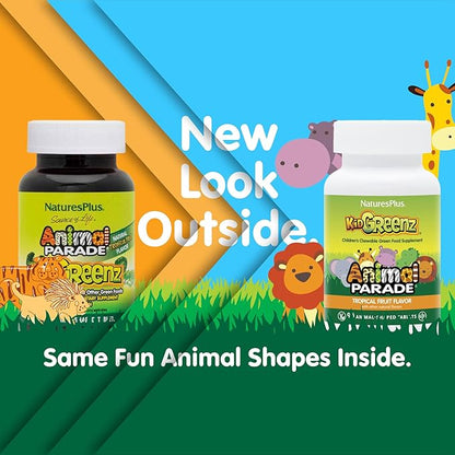 Natures Plus Animal Parade KidGreenz, Tropical Fruit Flavor - 90 Animal-Shaped, Chewable Tablets - Vegetarian, Gluten Free - 90 Servings
