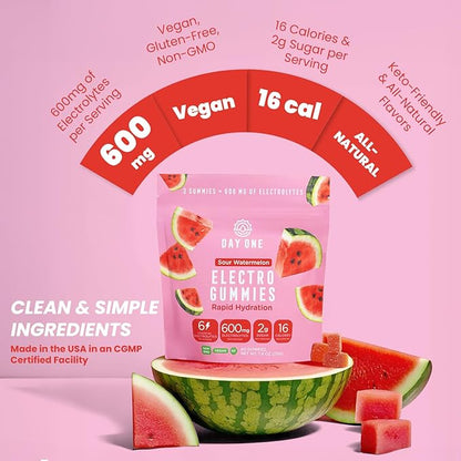 Day One ElectroGummies – Electrolyte Hydration Gummies – Ideal to Boost Hydration & Energy – Supplement for Post & Pre Workout – for Men, Women, Kids – Extra Sour Watermelon Flavored – 60 Gummies