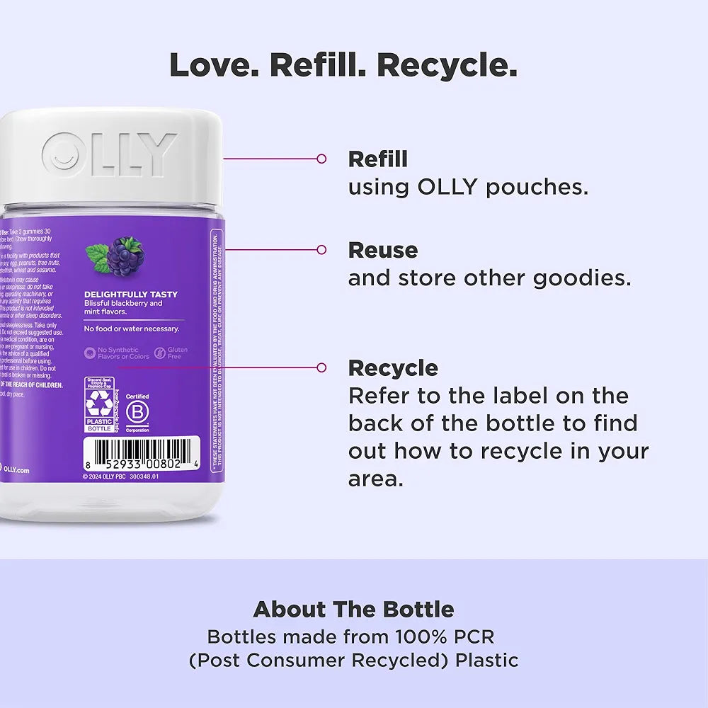 OLLY Sleep Gummy, 3 mg Melatonin, L-Theanine, Chamomile, Lemon Balm, Sleep Aid, Blackberry - 70 Count