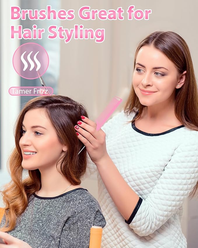 Pink Slick Back Hair Brush - Rat Tail Comb for Hair Parting, Teasing Comb for Enhancing Volume and Fullness, Edge Brush for Controlling Flyaways