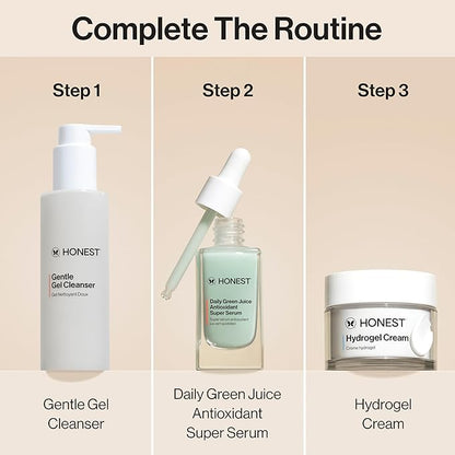 Honest Beauty Everyday Moisturizing Trio | Gentle Gel Cleanser, Green Juice Antioxidant Serum, Hydrogel Cream | 3-Step Routine | Vegan + Gentle for Sensitive Skin