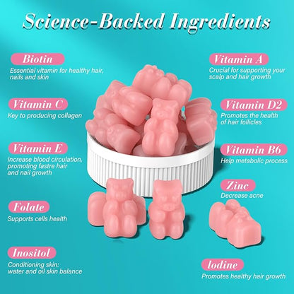Biotin Gummies -Hair Skin and Nails Vitamins for Men & Women, Vegan Vitamin B7, Supports Hair Growth and Stronger Nails,30 Day Supply - Raspberry-60 Count