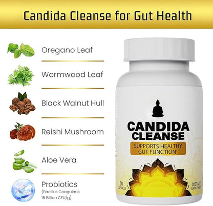 Candida Cleanse - Gut & Colon Support,Advanced Probiotic & Herbal Formula for Intestinal Detox,Anti Yeast Overgrowth - Oregano Leaf, Wormwood, Black Walnut, Caprylic Acid（60 Capsules） A1