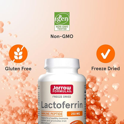Jarrow Formulas Lactoferrin 250 mg - Immune-Supporting Glycoprotein - For Healthy Immune System Support & Iron Absorption - Freeze Dried - Gluten Free - Non-GMO - 30 Capsules (Servings)