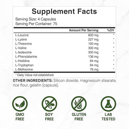 Essential Amino Acids (EAA) 2000mg Per Serving, 300 Capsules – Unflavored - 9 in 1, All BCAAs (Branched-Chain Aminos) – Lean Muscle Support & Natural Pre Workout Supplement